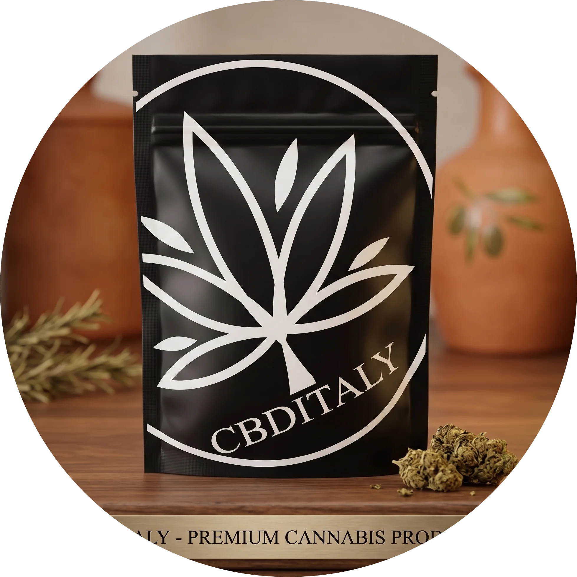 Hemp flowers sealed in a matte black CBDITALY resealable pouch