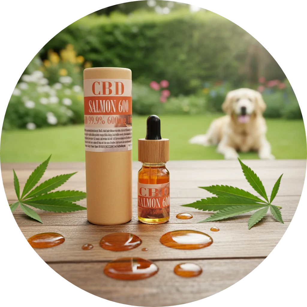 CBDITALY CBD Salmon Oil 6% for pets dropper bottle with kraft tube on garden table, golden retriever in background