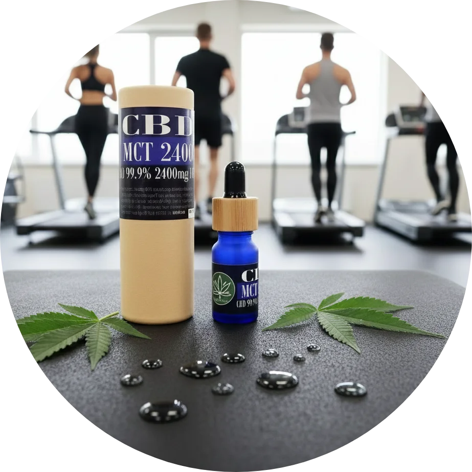 CBDITALY CBD MCT Oil 24% 2400mg THC-free Sportline blue glass dropper bottle with kraft tube in gym setting