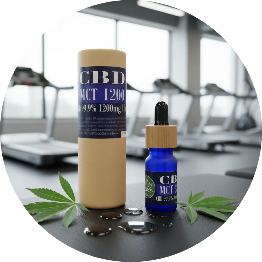 CBDITALY CBD MCT Oil 12% 1200mg THC-free Sportline blue glass dropper bottle with kraft tube in gym setting