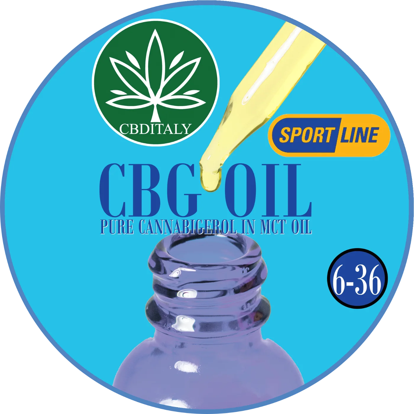 CBDITALY CBG Oil Sportline pure cannabigerol in MCT oil, blue glass dropper bottle, concentration 6-36