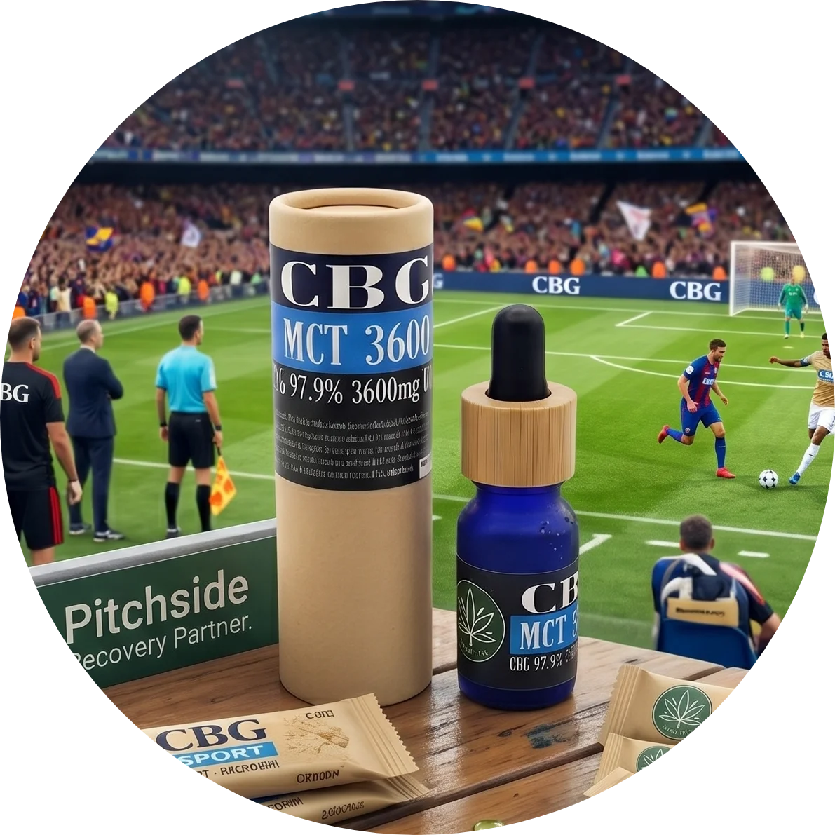 CBDITALY CBG MCT Oil 36% 3600mg THC-free Sportline blue glass dropper bottle with kraft tube on football pitch sideline