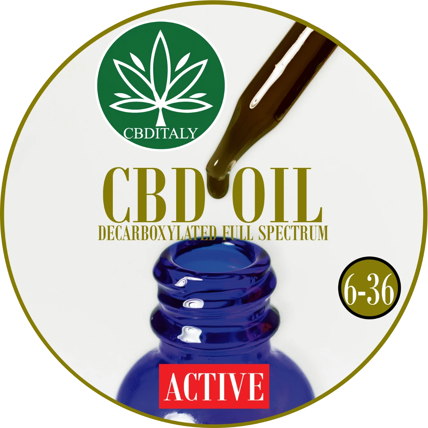 CBDITALY CBD Oil Active decarboxylated full spectrum blue glass dropper bottle, concentration 6-36