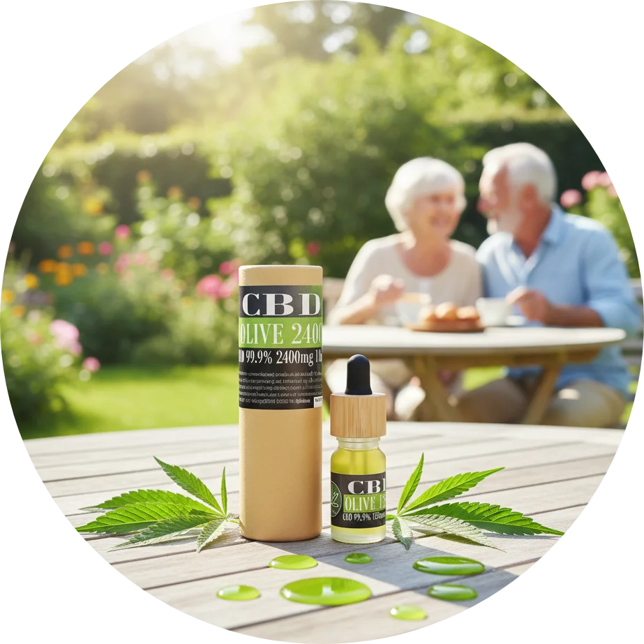 CBDITALY CBD Olive Oil 24% Sportline dropper bottle with kraft tube on garden table, senior couple in background