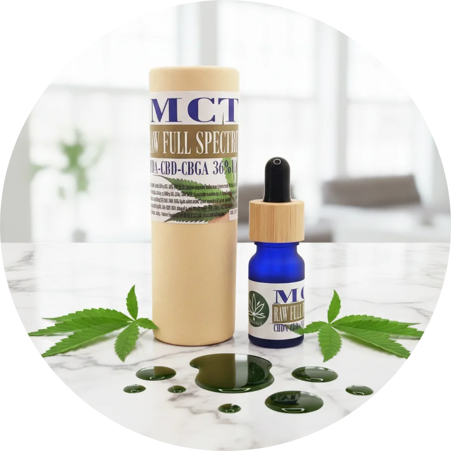 CBDITALY MCT CBD+CBDA Oil 36% RAW full spectrum blue glass dropper bottle with kraft tube packaging and hemp leaves